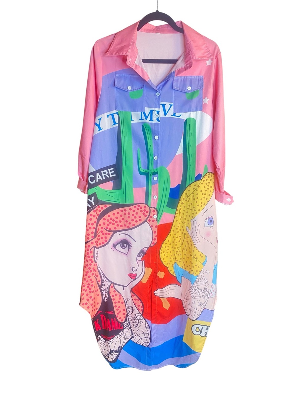 Pop-Art Pink Long Sleeve Shirt Dress with Graphic Print